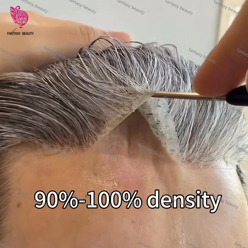 عالية الجودة 0.04-0.05 مللي متر رقيقة الجلد كامل بولي رمادي رمادي الاصطناعية الأوروبي شعر الإنسان الشعر المستعار 1B80 1B65 رمادي شعر الإنسان الرجل العجوز الباروكات