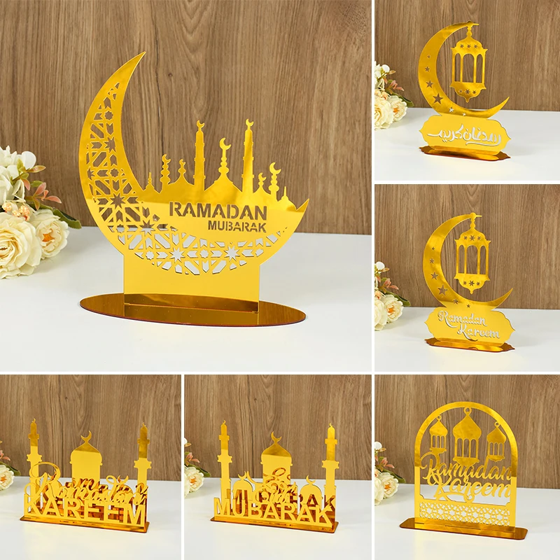 

Ramadan Kareem Acrylic Ornaments Hollow Out Gold Moon Star Lantern Eid Mubarak Decoration for Home Muslim Islamic Party Supplies