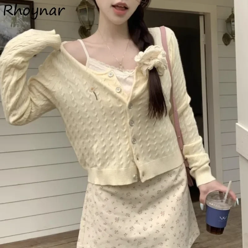 Yellow Cardigans Women Sweet Girls Floral Gentle All-match Leisure Cropped Sweater Single Breasted Korean Fashion High Street