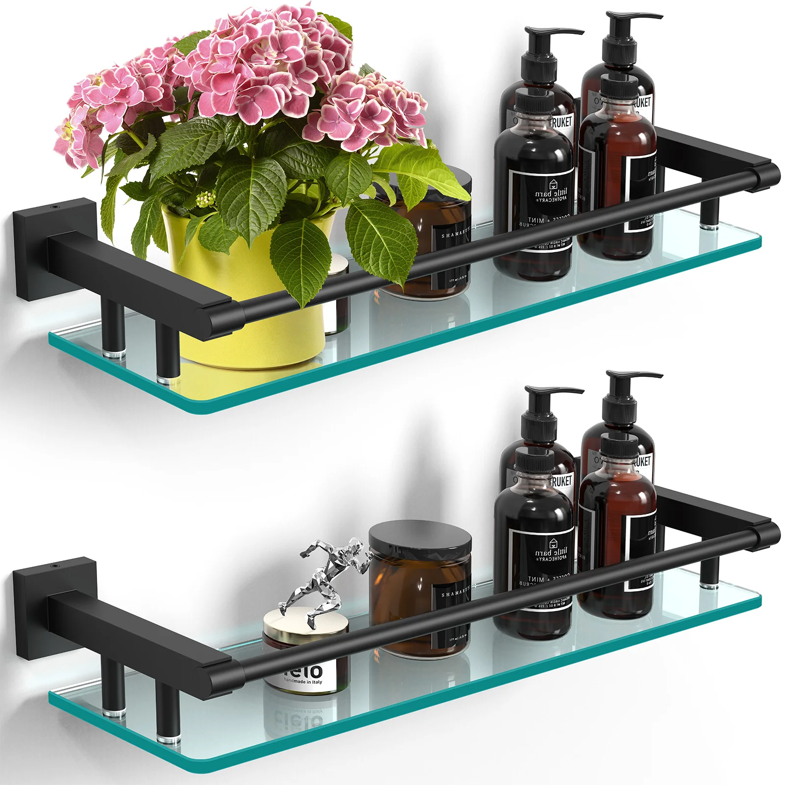 

20 Inch Glass Shelf for Bathroom, Carbon Black Stainless Steel Floating Glass Shelves Over Sink, Modern Wall-Mounted Storage