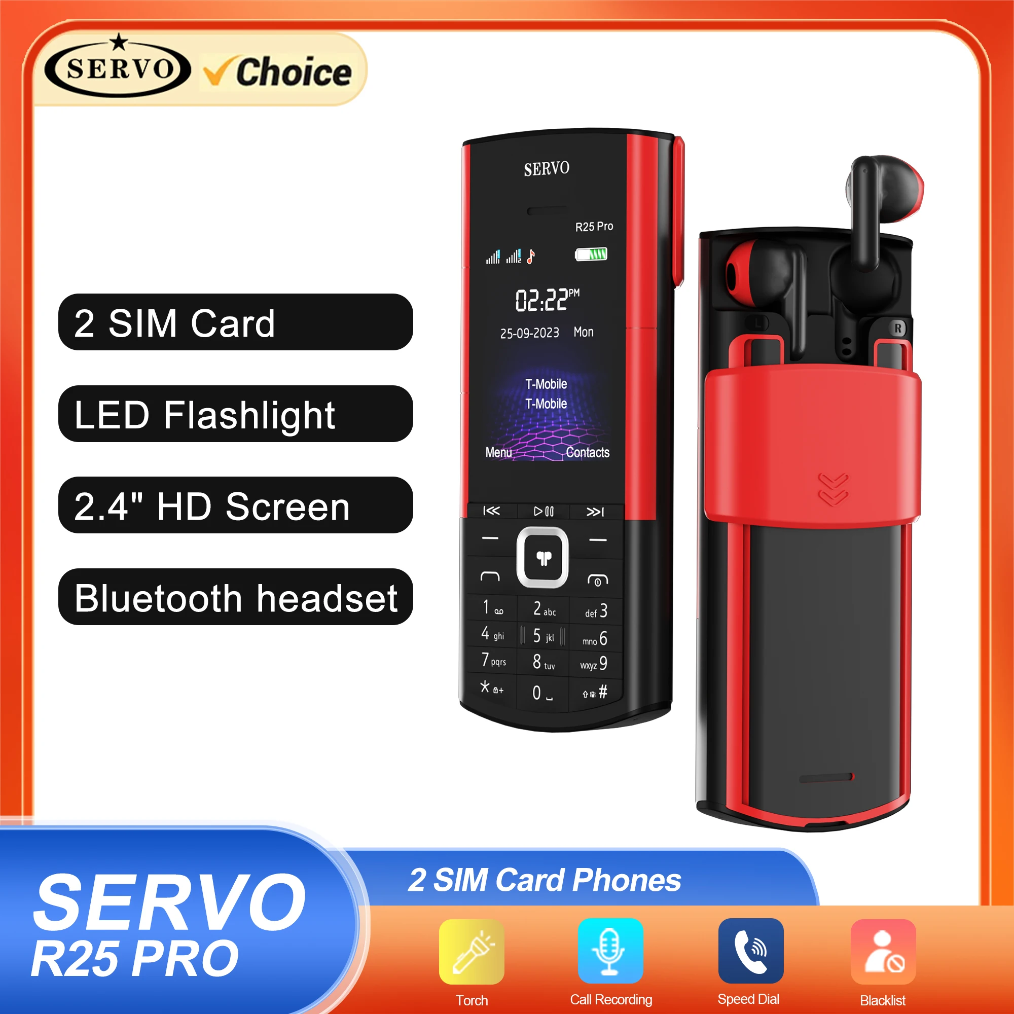 SERVO R25 PRO 2G 기능 휴대폰 블루투스 다이얼 통화 녹음기, 블랙리스트 2.4 인치 디스플레이, 휴대폰 내장 블루투스 헤드셋 