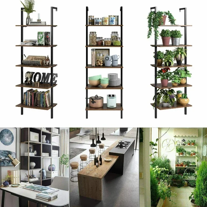 Industry Ladder Shelving Unit 5 Tier Display Stand Book Shelf Wall Rack Storage Wood & Metal Frame