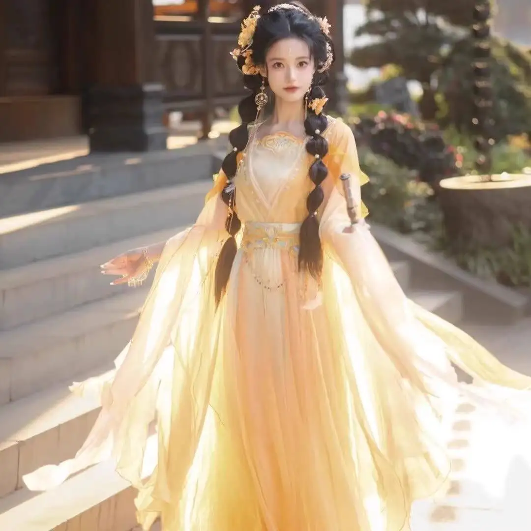 

Новый летний комплект Hanfu в национальном стиле: элегантный, сказочный, в стиле «Золотое перо», из тонкой ткани, длиной до талии, для женщин.