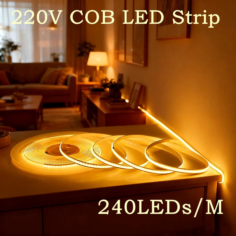 

240 светодиодов/м COB Светодиодная лента Высокая яркость Гибкая лента Лампа переменного тока 220 В Линейное освещение RA95 Теплый/натуральный/белый свет 5 м 10 м 20 м 30 м