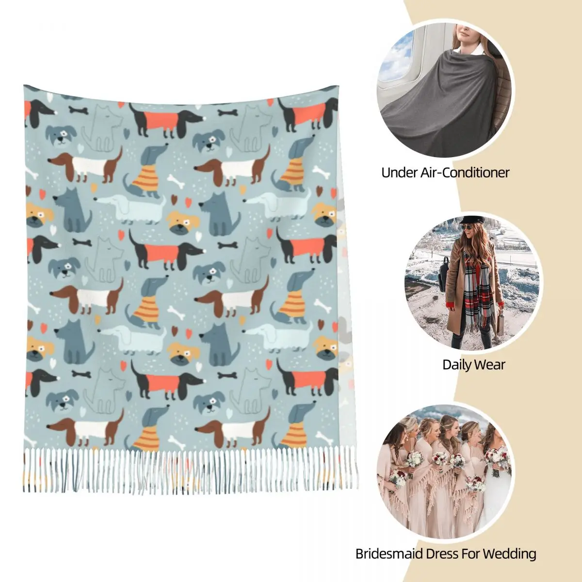 Cachecol de cães engraçados desenhado à mão para mulheres, xales e wrap bonitos de pashmina, dachshund kawaii, xale grande longo, inverno outono