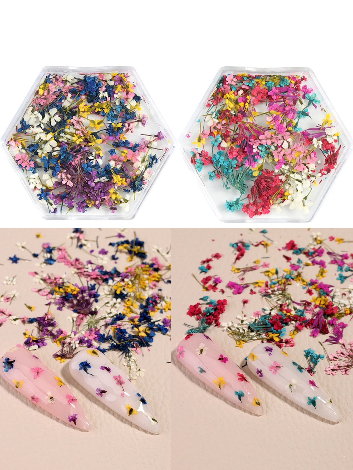 Gemischte Bunte Natürliche Blumen Nagelkunst-Charms Klein-Blau Gelb Rot Fünfblättrige Blume Natürliche Florale Maniküre-Accessoires