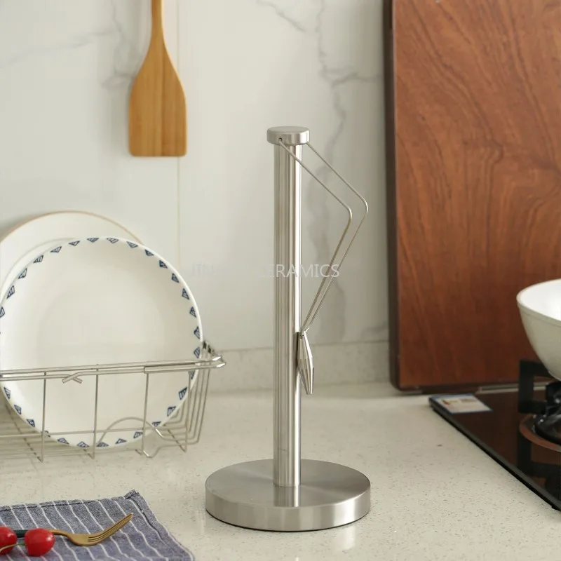 1pc Stainless Steel Paper Towel Holder Countertop Stand with Spring Arm One‑Hand Tear Kitchen Roll Paper Holder Organizer
