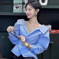 Striped Shirts Blouses Elegant Feminino Blusas Mujer Full Sleeve Camisas Clavicle Exposed Ropa Spring Lapel Womens Clothing