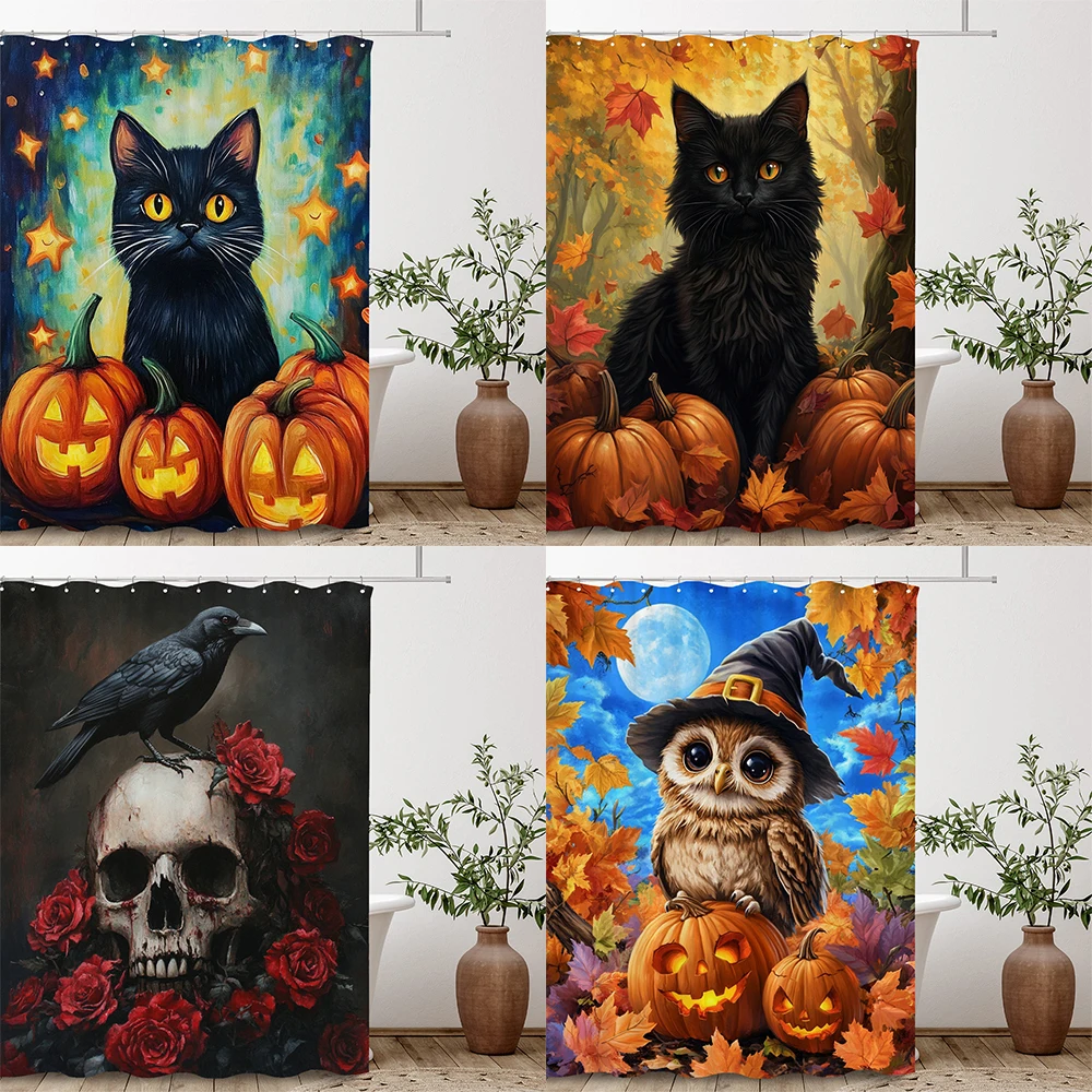 

Halloween Shower Curtain All Saints'Day Shower Curtain Pumpkin, black cat and crow Printed fabric home Decor Bathroom Curtain