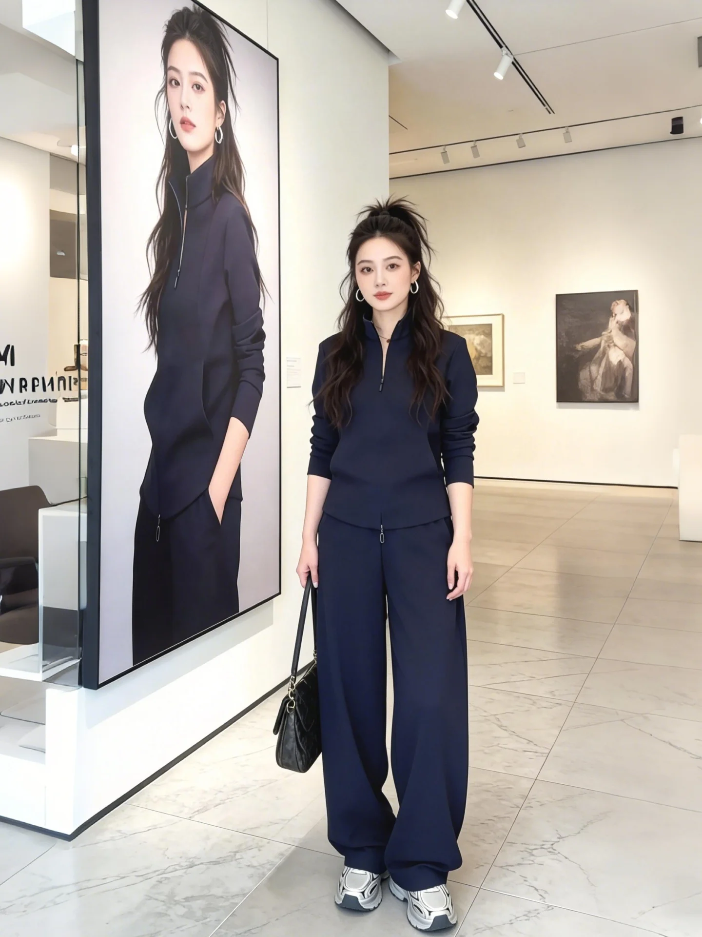 

Fashionable Double Zipper Stand Collar Slimming High Waist Casual Pants Set Women's Spring Autumn New Style Two Piece Suit