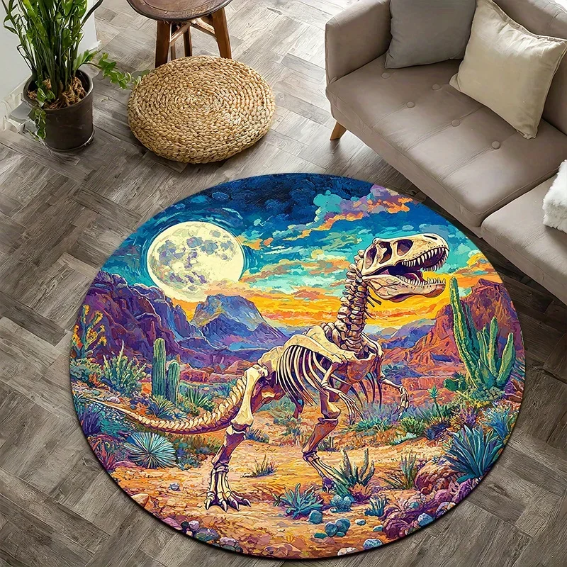 Dinosaur skeleton fossil Flannel-printed round floor mats are slip-resistant Suitable living room bedroom terrace garden carpets