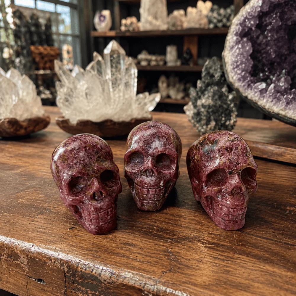 1pc Random Rhodonite Skull Sculpture, Handcrafted Polished Stone Carving, Pink Mineral Art Statue, Detailed Skull Artwork