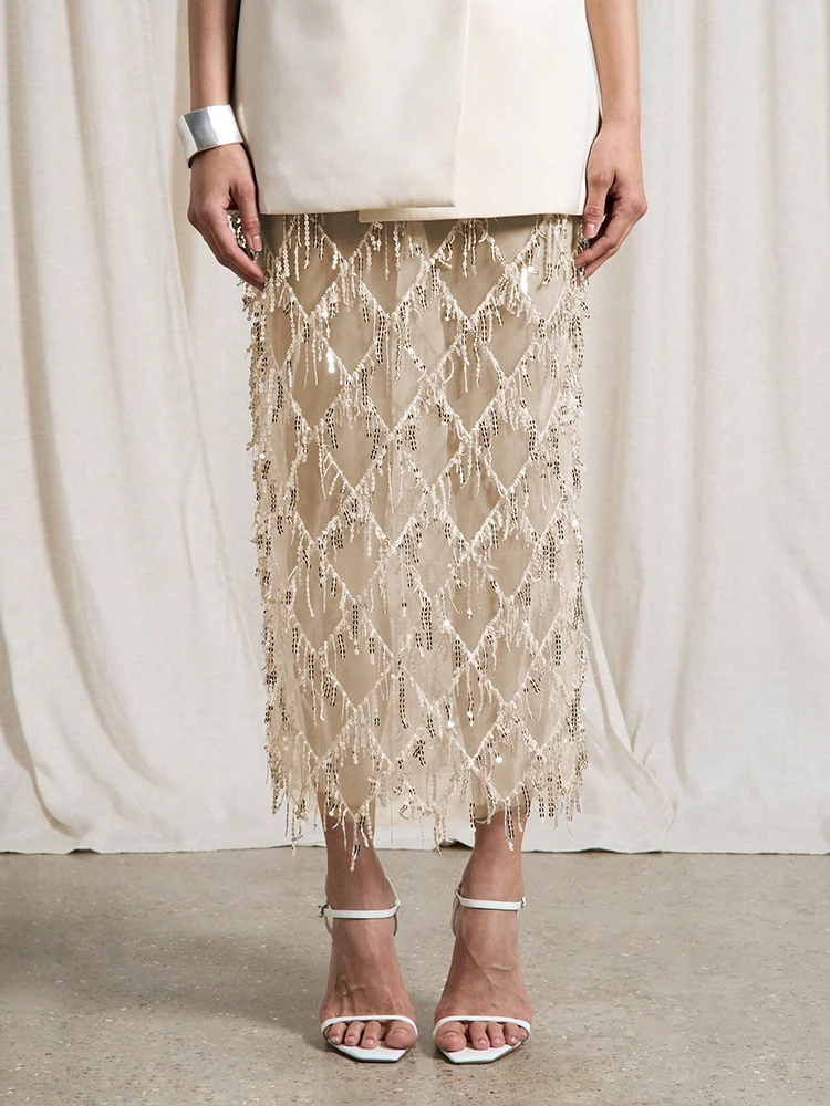 Temperament sequin women's straight tube skirt sexy perspective sequin tassel casual versatile skirt