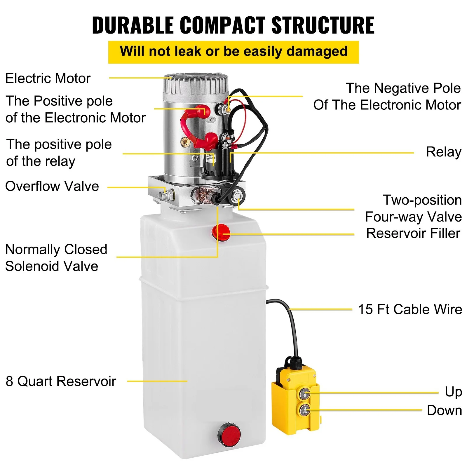 Hydraulic Power Unit 8 Quart Hydraulic Pump Single Acting Hydraulic Pump for Dump Trailer Car Lifting 12V DC 8L