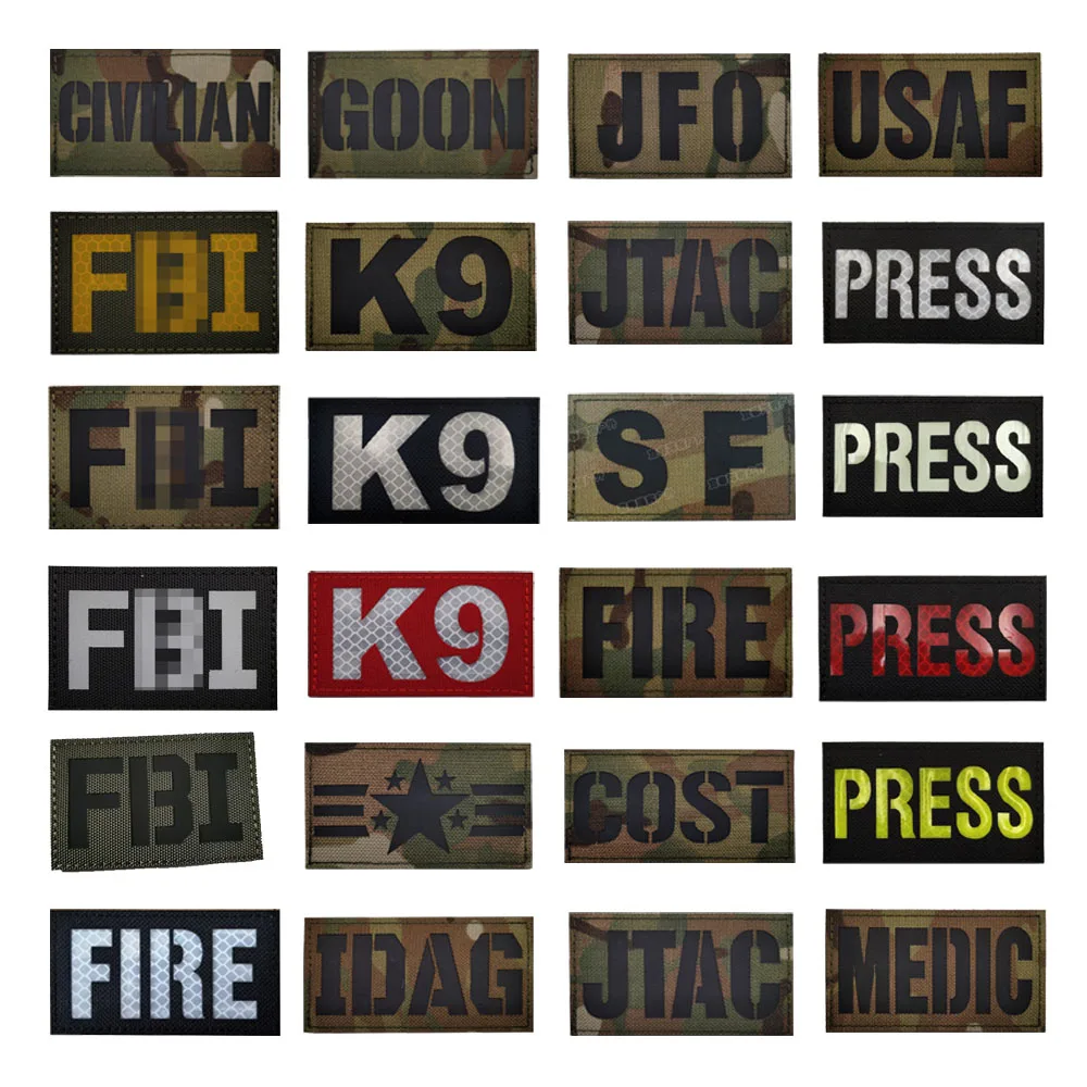 

IR IR Reflective CP Camouflage Badge English Words PRESS, MEDIC, SF, USAF, K9, FIRE, Clothes Paste Armband with Hook Patches