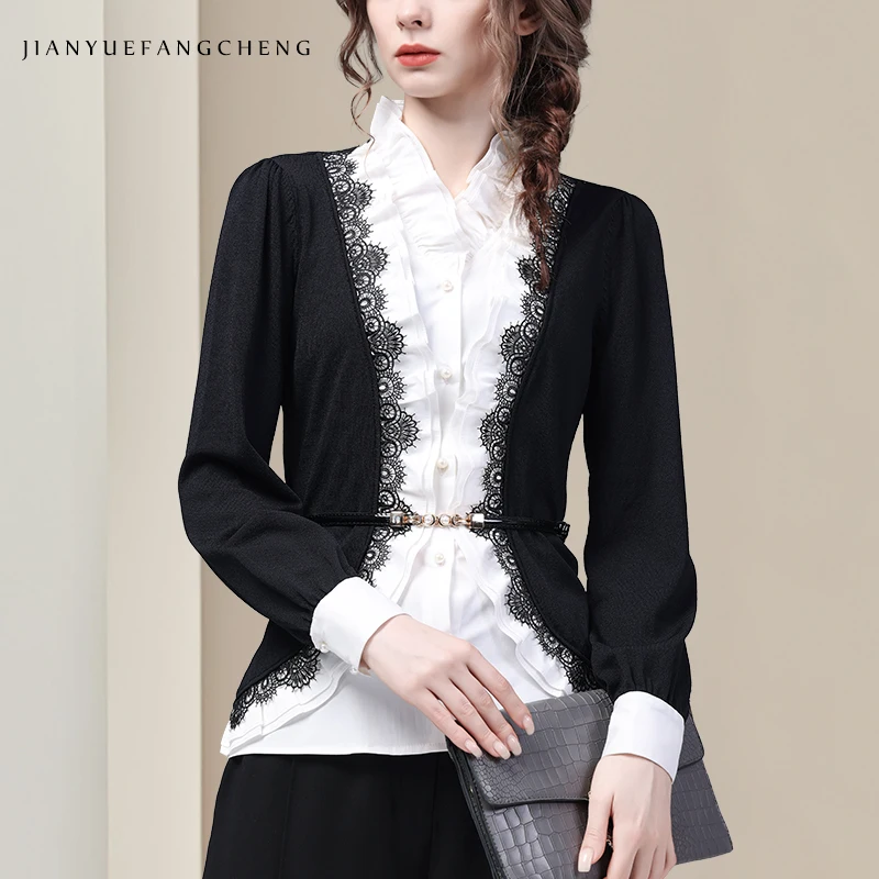 

2025 Spring Women's Layered Knit Sweater with Lace Trim – Elegant White Shirt Top with Ruffled Collar and Belt Design