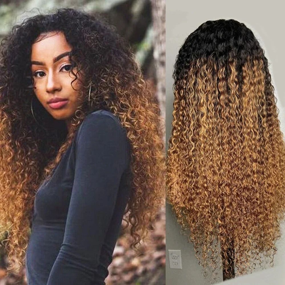 

Glueless 180Density 26“ Long Soft Ombre Blond Kinky Curly Lace Front Wig For Women BabyHair Preplucked Heat Resistant Daily