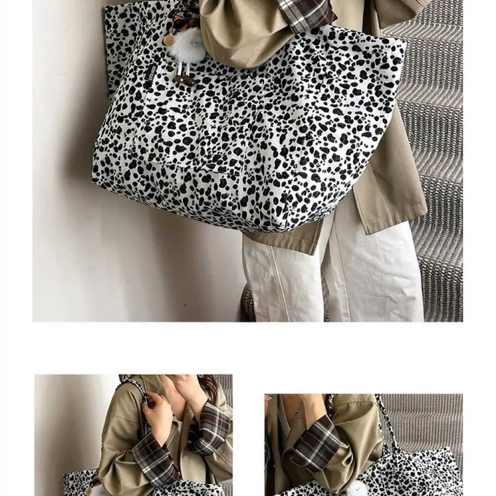 Nylon Leopard Print Tote Bag Large Capacity Shoulder Handbag Casual Shopping Purse Retro Urban Commuter Fashion