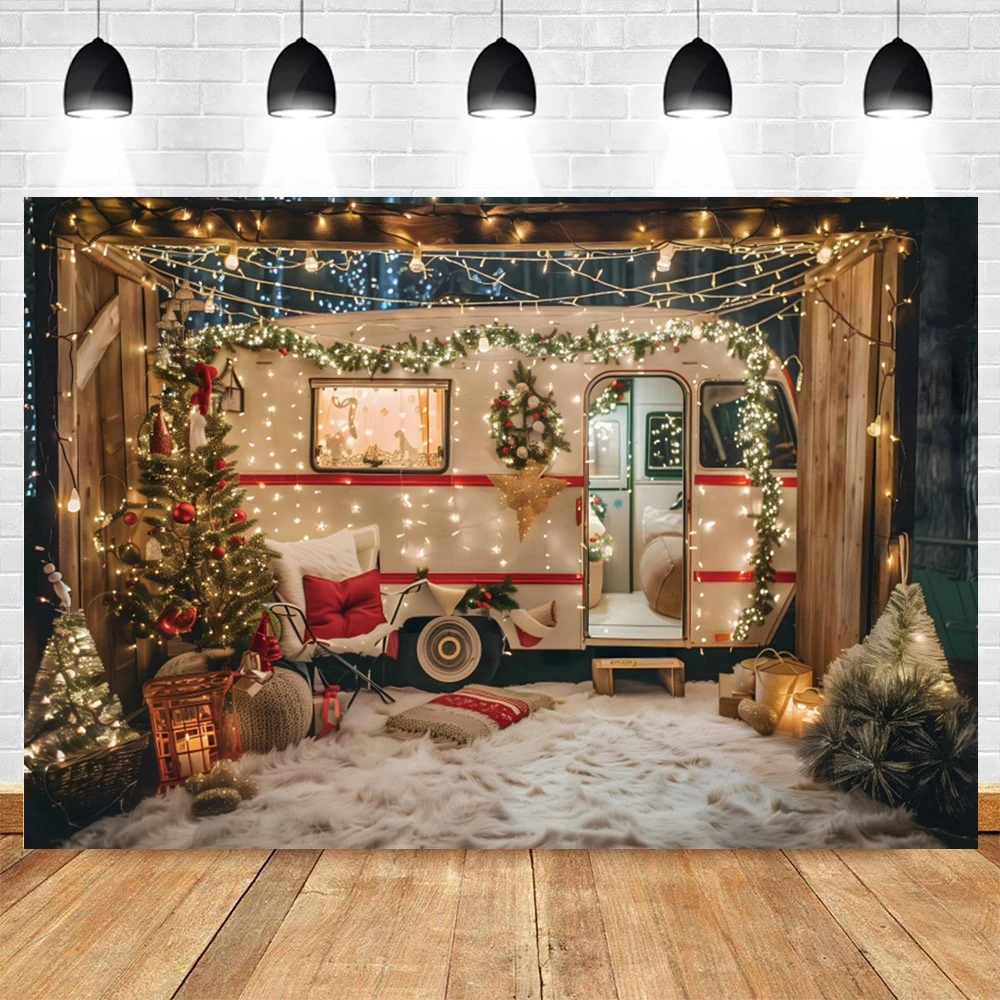 Winter Snowy Bus Backdrops Camping Forest Christmas Car Kids Family Portrait Photography Christmas Trees Background Photo Studio