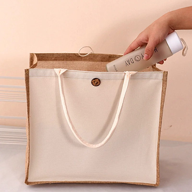 Burlap Jute Reusable Tote Shopping Bags Large Capacity Handbags For Women Portable Imitation Sacks Linen Handmade Bags