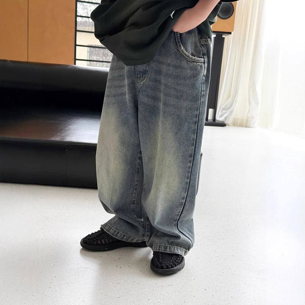 2025 Children's Pants Korean Edition Spring Summer New Product Retro Distressed Washed Jeans Baby Versatile Straight Leg