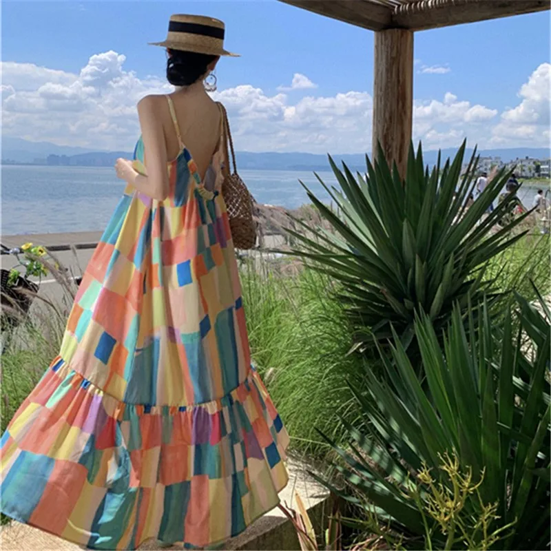 

Plus Size Summer New Bohemian Beach Dress 2023 Maxi Elegant Backless Sundress Women's Loose Clothing Large Hemline Vestidos