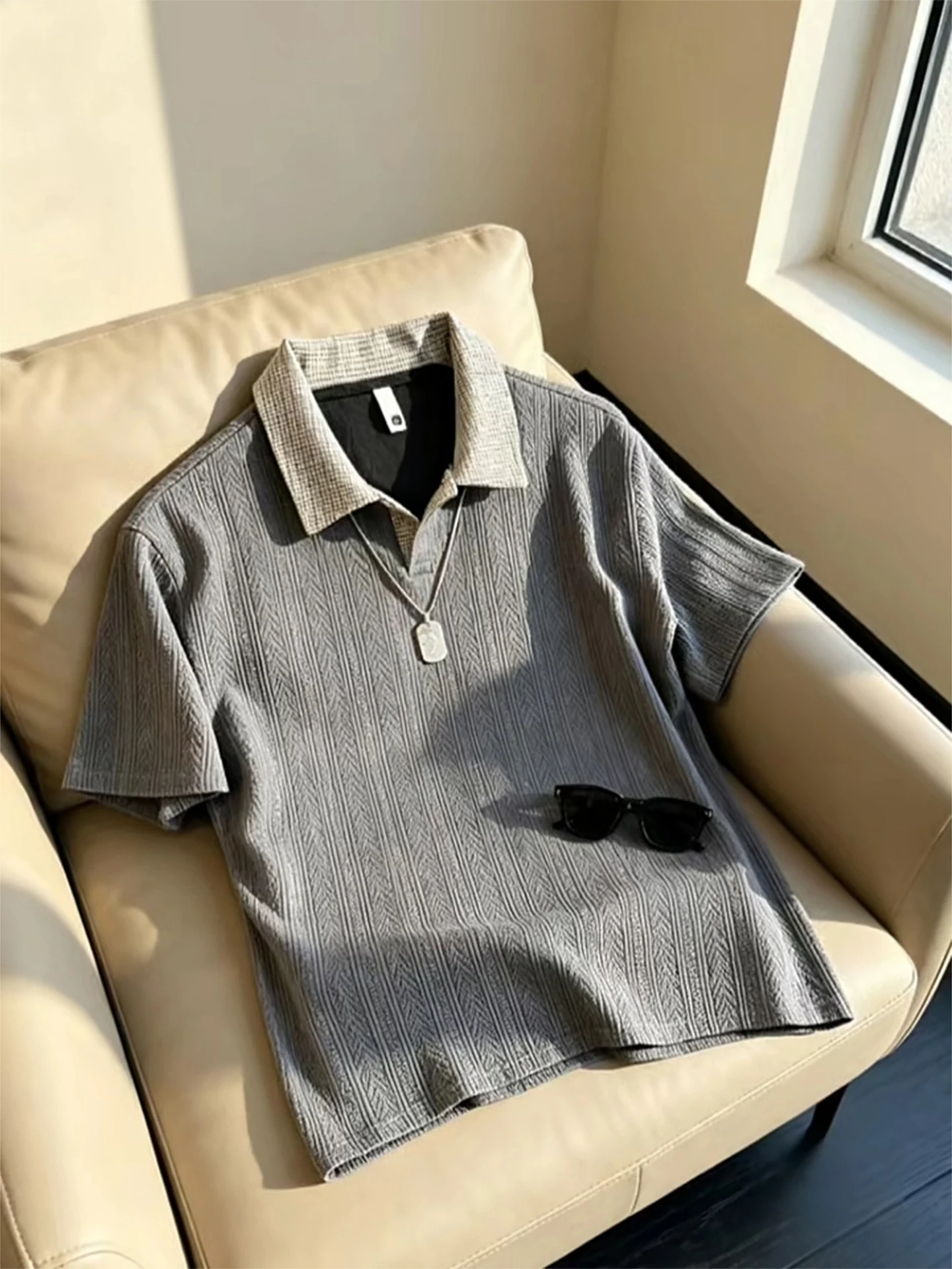 Retro Horizontal Stripe  Shirt Men's Summer Color Block Collar Texture Loose Breathable Short Sleeve Casual T-shirt
