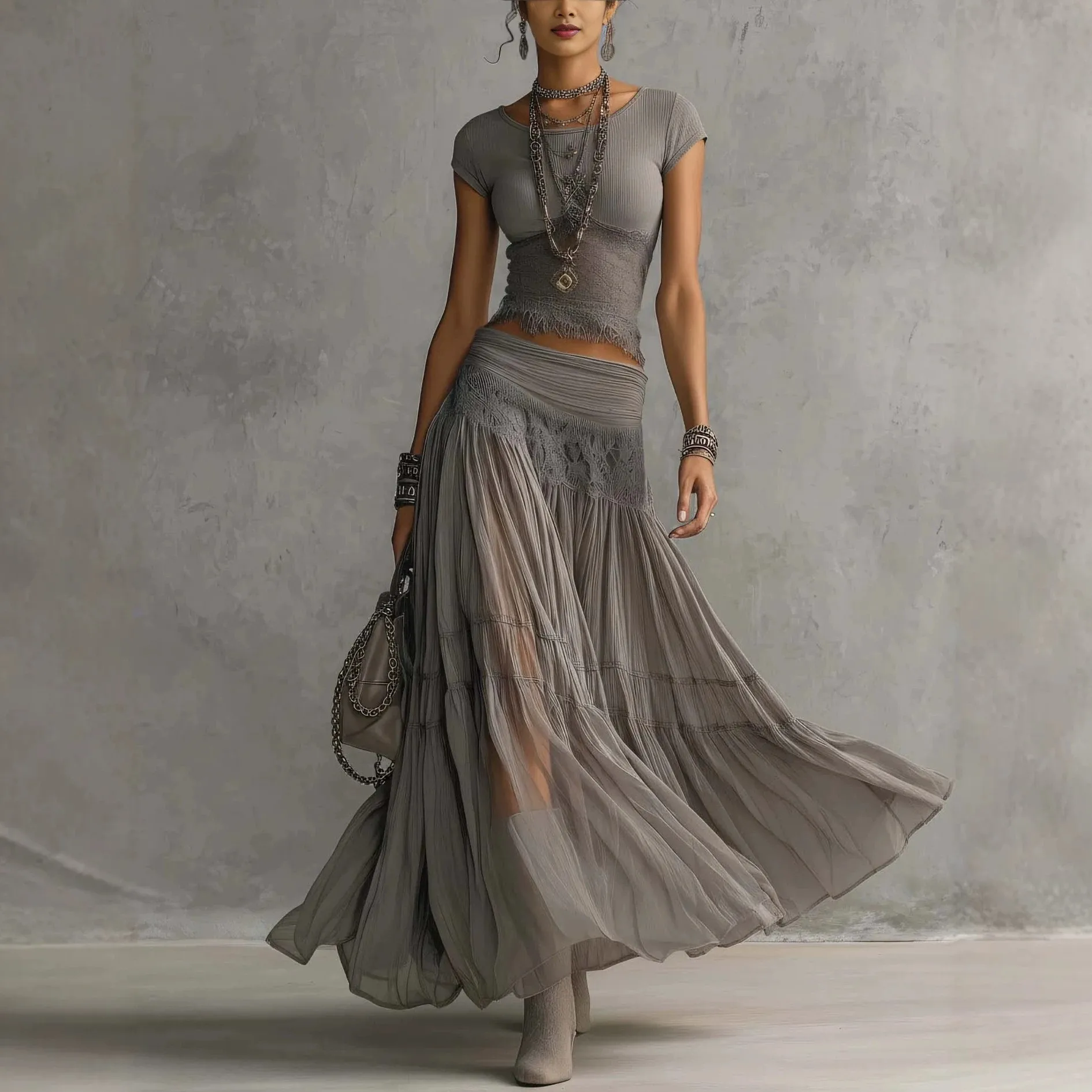 

Summer 2026 Outfits Woman Dress Chiffon Ruffle Slit Cropped Sleeve Long Maxi Dress Pleated Skirt Lace Trim Wrap Waist High Slit