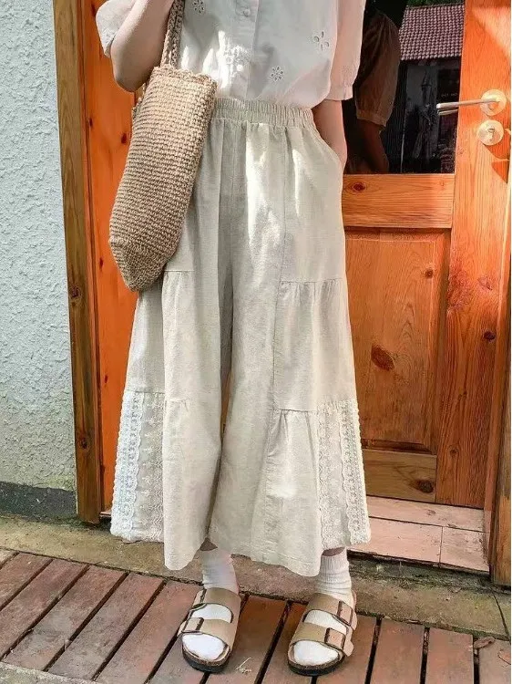 

High-End Women's Lace Patchwork Cotton Linen Wide Leg Nine-Piece Pants Summer Vintage Slimming Casual Pants Straight Cut High...