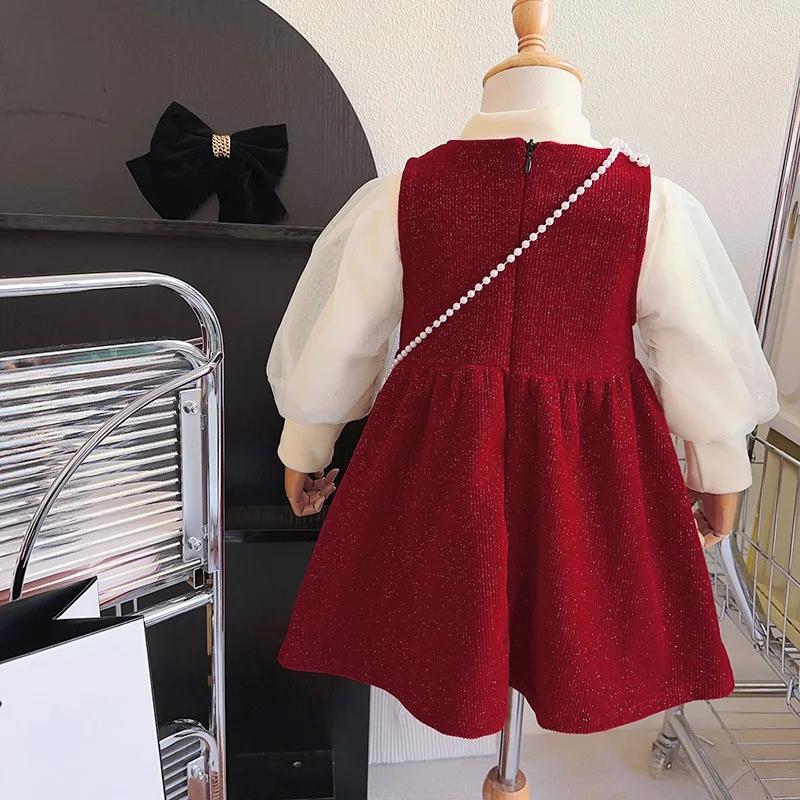 

Girls Suit2025Winter Style Baby Girl Fleece-Lined Warm Vest Dress Mesh Top Two-Piece Set New Arrival with Bear Gift