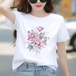 Women Top T-shirts Flower Sweet 90s Trend Cute Clothes Print Clothing Female Casual Basic Graphic Short Sleeve Tee T Shirts