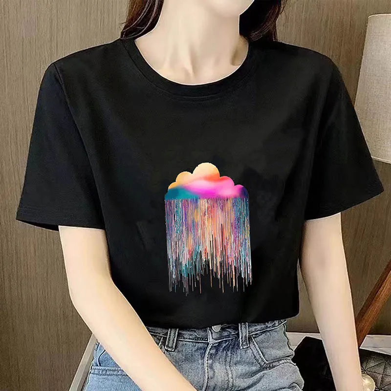 2024Summer Loose Women's T-Shirt High Rainbow Rain Quality Pattern Printed Short Sleeve Plus Size Women's Short Sleeve T-Shirt