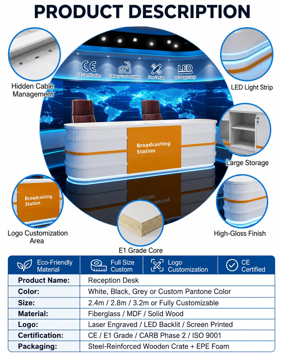 Solid Wood Broadcast Reception Desk Luminous LED Light Modern Interview Table for Studio Live Broadcast Children Speech Training