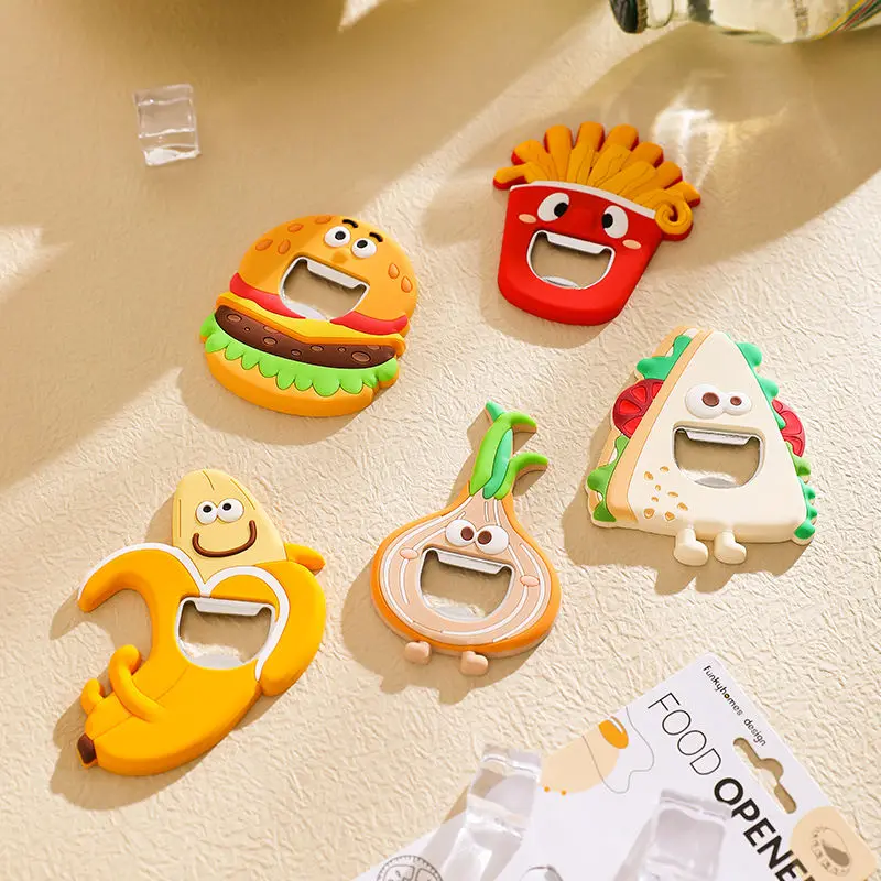 Creative Fun French Fries Burger Multifunctional Bottle Opener Cartoon Cute Refrigerator Magnetic Suction Patch Decoration Gift