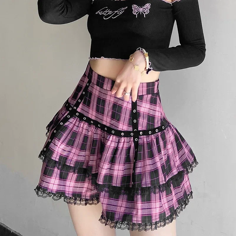 Gothic Japanese Harajuku Girls Purple Pink Plaid Pleated Skirt Punk Sweet Lace Kawaii Lolita Cake Mini Skirts Cosplay Costume