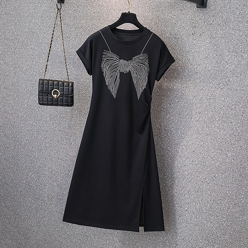 Women Cotton T-shirt Dresses ​Summer Female O Neck Short Sleeve Large Size Elegant Black Green Bow Diamonds Knee-length Vestidos