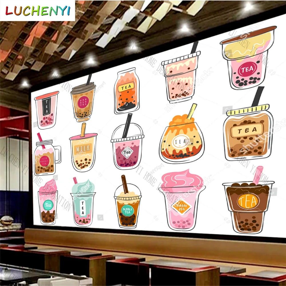 Custom colorful bubble tea fruit juice mural wallpaper restaurant cold drinking shop dining room wall papers home decor sticker