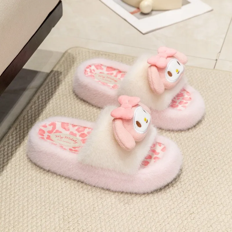 Cute Sanrio Kuromi Fluffy Platform Slides Women Leopard Print Soft Plush Warm Non-Slip Wear-Resistant Home Winter Slippers view 6
