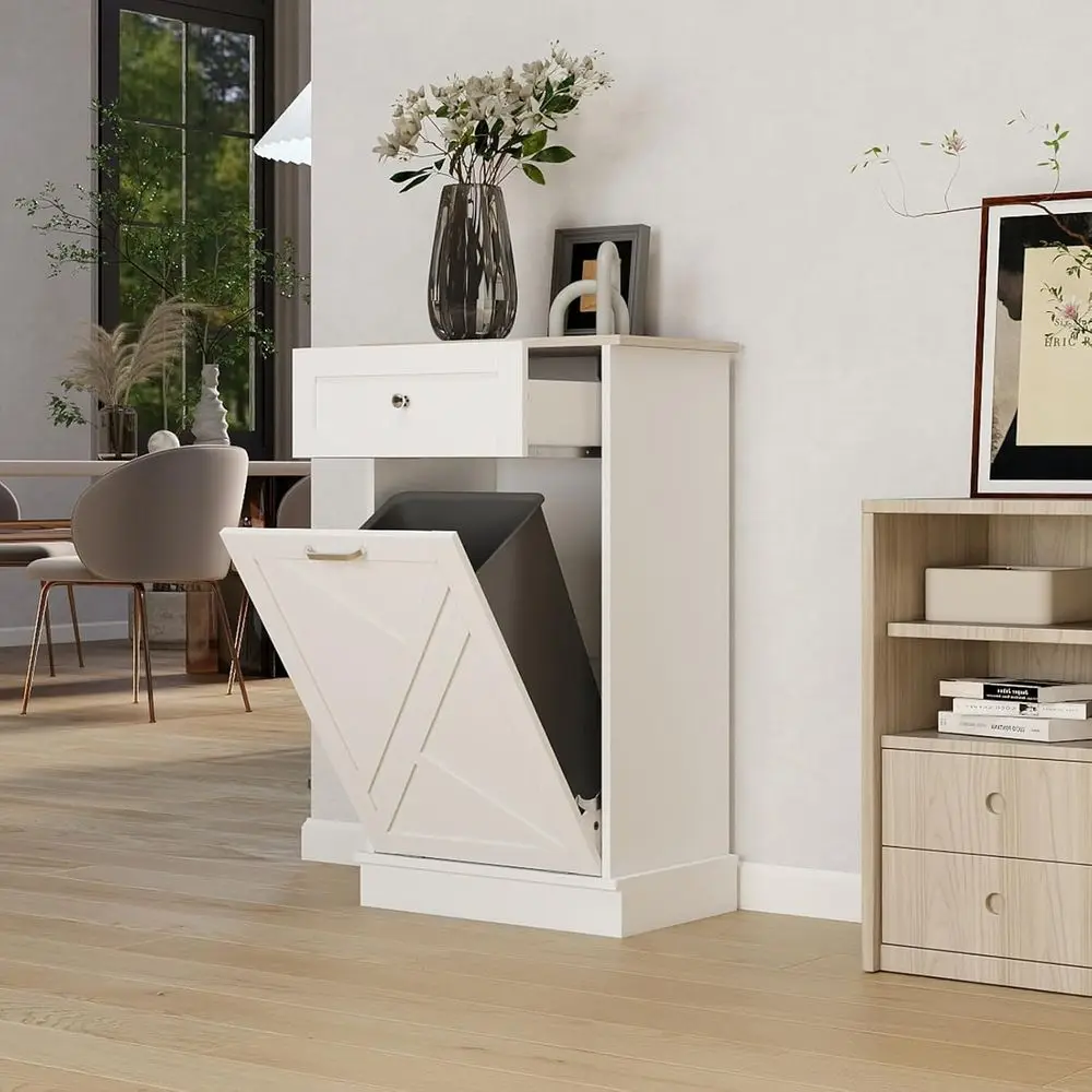 

Деревянная отдельностоящая урна для мусора с выдвижным ящиком для сортировки отходов - белая