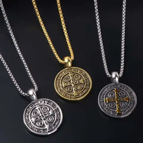 3Pcs Double Sided Saint Benedict Pendant Necklace Gold Silver Color Comfortable Wear Exorcism Symbol Neckchain Zinc Alloy