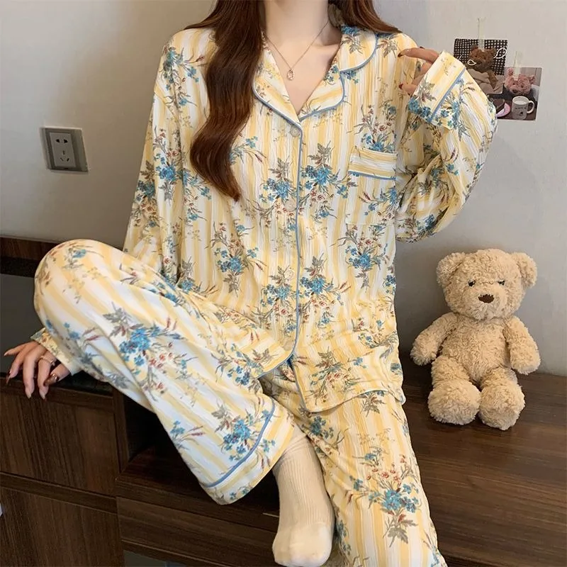 

Women's Plus Size Four Seasons Pajamas Striped Blue Printed Nightwear Student Lapel Top and Trouser Ladies Sleepwear Homewear