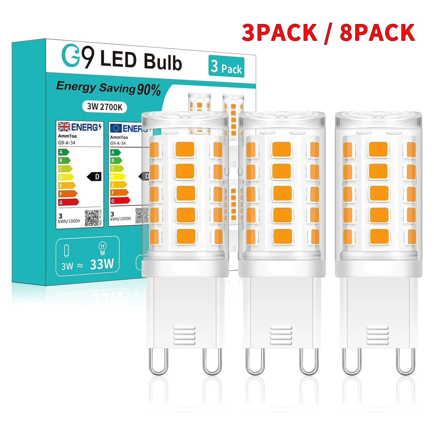 

Светодиодная лампа G9 3W 220V 2700K Теплая белая светодиодная лампа G9 Светодиодные лампы 360lm без мерцания Замена галогенных ламп 33W для домашнего освещения