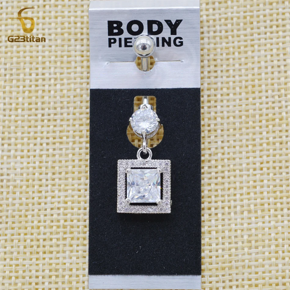 G23titan Big Square Zircon Navel Ring 14G Titanium Belly Button Piercing Women Body Jewelry Silver Color pirsing pafa el ombligo