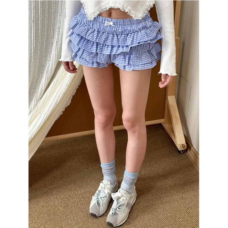 

Korean Style Retro Pleated Casual Cake Skirt Women 2025 Summer High Waist Bow Contrast Color Plaid Sexy Mini Skirt