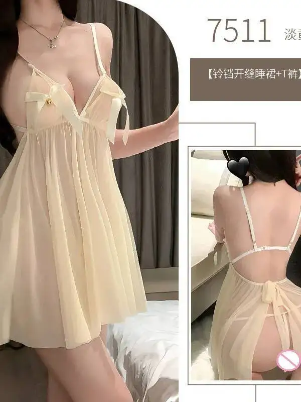 Sexy Small Chest Pure Desire Sheer Lace Strap Sleepwear Dress Elegant V Neck Hot Sexy Tank Mini Dress Bow 2025 New Tops 2TLT