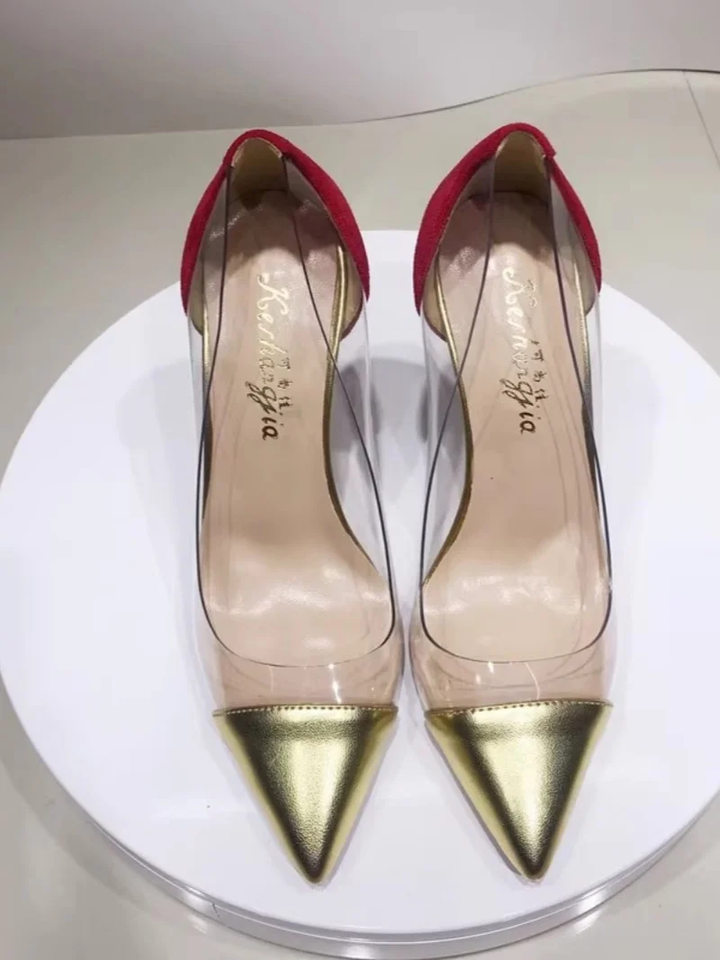 2025 Spring Colorblock Women's High Heels Pointed Stiletto Shallow PVC Sexy Elegant Banquet Dress Ladies Large Size Single Shoes
