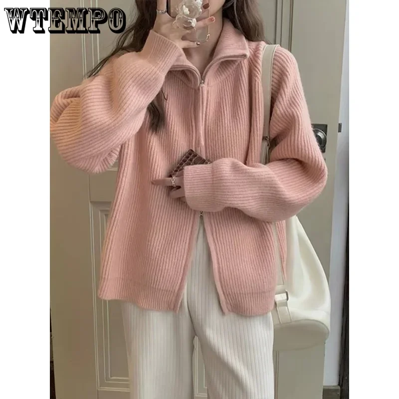 WTEMPO Long Sleeve Knit Sweater Women Spring Autumn Retro Korean Style Lapel Zip-up Knit cardigan Loose Thickened Outerwear