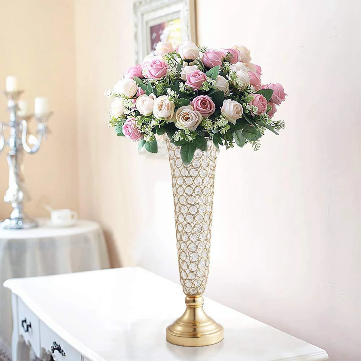

50/60/70cm)10pcs crystal trumpet Vases Wedding Table Centerpieces Metal Event Floor Road Lead Flowers Holders Crystal Stand 0779