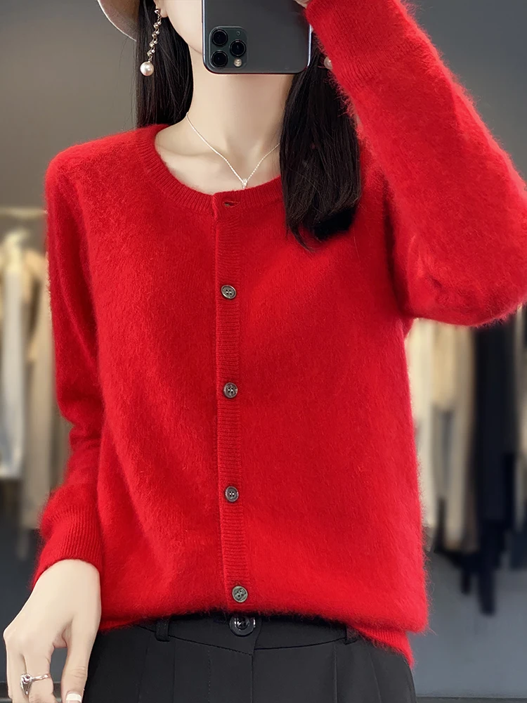 Women Quality 100% Mink Cashmere Cardigan Basic O-Neck Sweaters Autumn Winer Female Solid Color Knitwear Clothing Tops