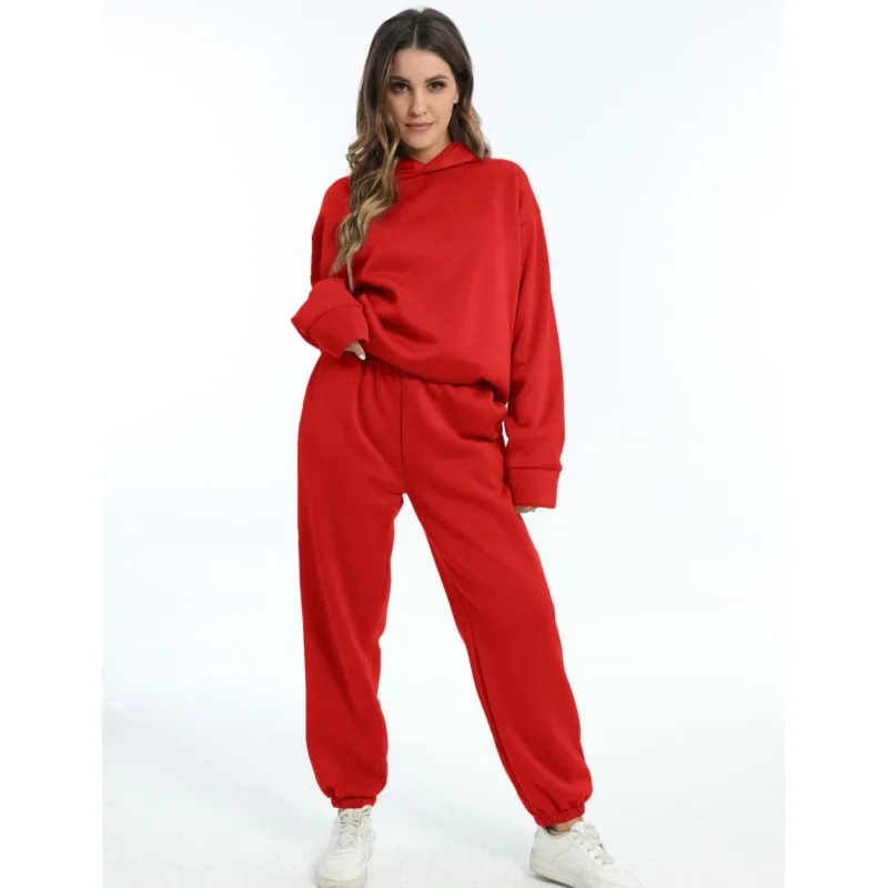 Simple Casual Women's Set For Autumn/Winter 2025 Featuring A Solid Color Hoodie Thickened Long-sleeved Sweatshirt And Long Pants